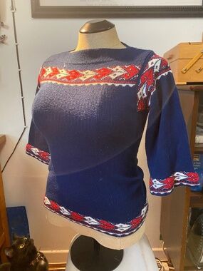 Vintage Fair Isle Knit Short Sleeve Sweater – Navy Red White – Small